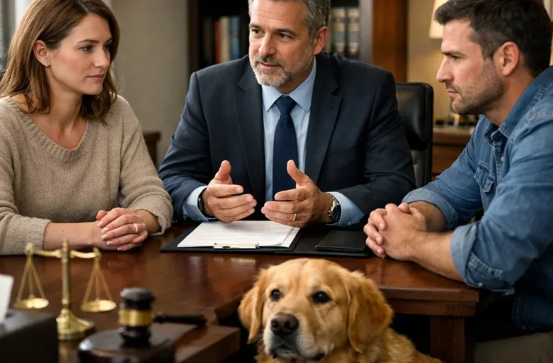 Casal em processo de divórcio conversando sobre a guarda de um cachorro com suporte de orientação jurídica.