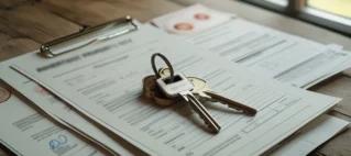 Documentos de inventário sobre mesa de madeira com chaves de casa, representando a transferência de imóvel financiado por herança.