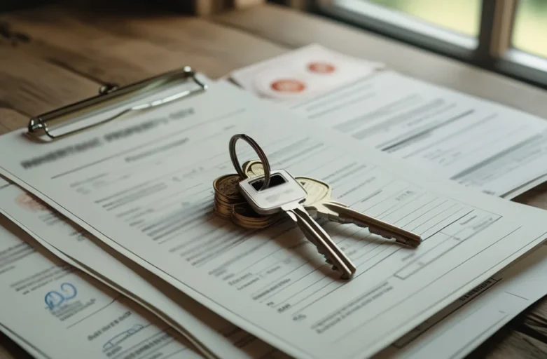 Documentos de inventário sobre mesa de madeira com chaves de casa, representando a transferência de imóvel financiado por herança.