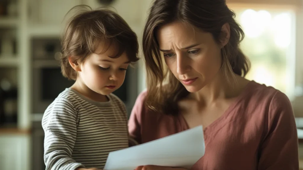 Mãe segurando mão de criança enquanto observa certidão de nascimento para reconhecimento de paternidade.