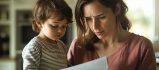 Mãe segurando mão de criança enquanto observa certidão de nascimento para reconhecimento de paternidade.