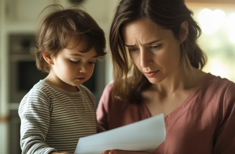 Mãe segurando mão de criança enquanto observa certidão de nascimento para reconhecimento de paternidade.
