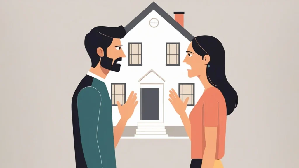 Ex-casal discutindo sobre a venda de uma casa, ilustrando o impasse na partilha de bens imóvel após divórcio.