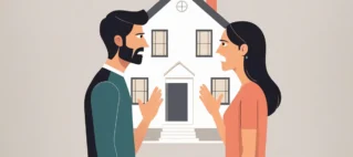 Ex-casal discutindo sobre a venda de uma casa, ilustrando o impasse na partilha de bens imóvel após divórcio.