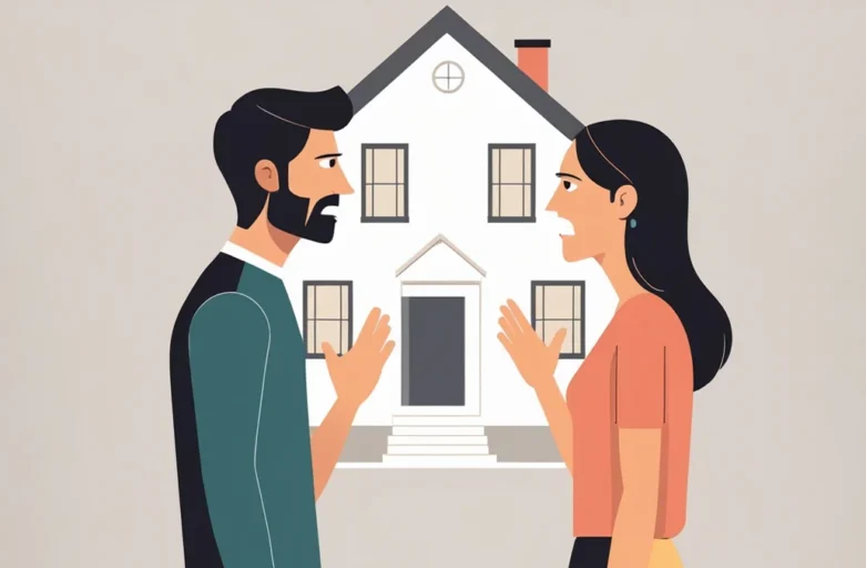 Ex-casal discutindo sobre a venda de uma casa, ilustrando o impasse na partilha de bens imóvel após divórcio.