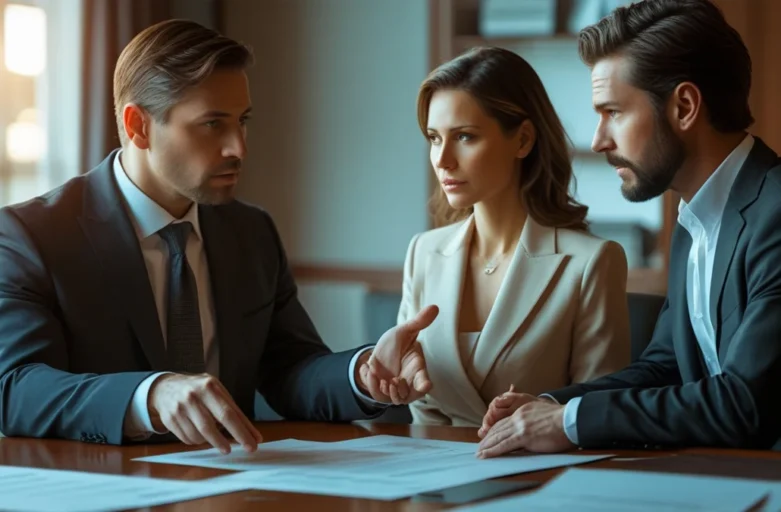 Advogado em São Paulo mediando conversa entre familiares sobre inventário e partilha de bens de forma amigável.