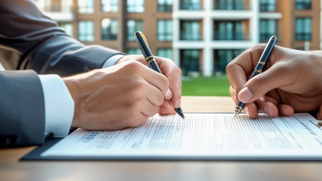 Proprietário e inquilino assinando contrato de locação com prédio residencial ao fundo, representando direitos em condomínio.