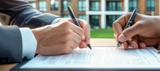 Proprietário e inquilino assinando contrato de locação com prédio residencial ao fundo, representando direitos em condomínio.