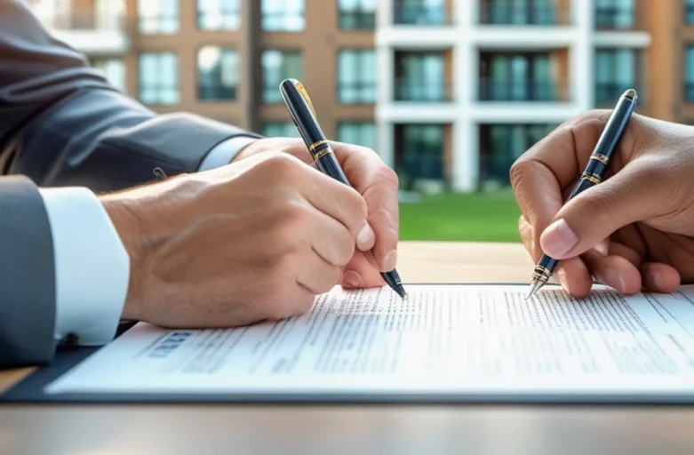 Proprietário e inquilino assinando contrato de locação com prédio residencial ao fundo, representando direitos em condomínio.