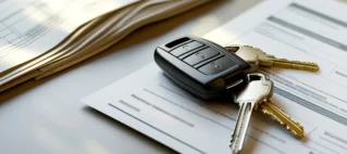 Documentos de transferência de veículo e chaves sobre mesa, representando a regularização de bens de falecido.