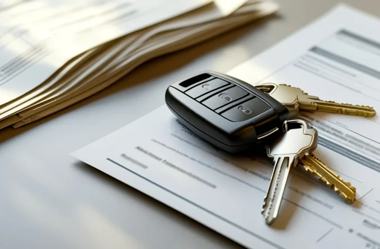 Documentos de transferência de veículo e chaves sobre mesa, representando a regularização de bens de falecido.