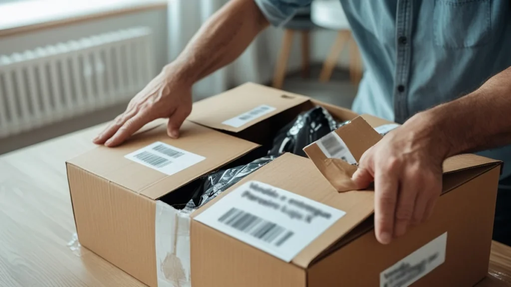 Consumidor com expressão de decepção ao abrir uma caixa de entrega de marketplace com etiqueta de vendedor parceiro visível.
