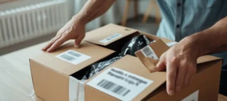 Consumidor com expressão de decepção ao abrir uma caixa de entrega de marketplace com etiqueta de vendedor parceiro visível.