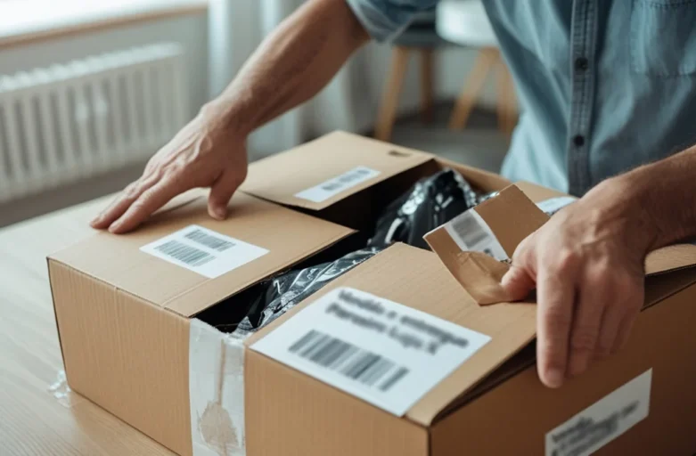 Compra em marketplace: quem responde pelo problema? Entenda seus direitos Consumidor com expressão de decepção ao abrir uma caixa de entrega de marketplace com etiqueta de vendedor parceiro visível.