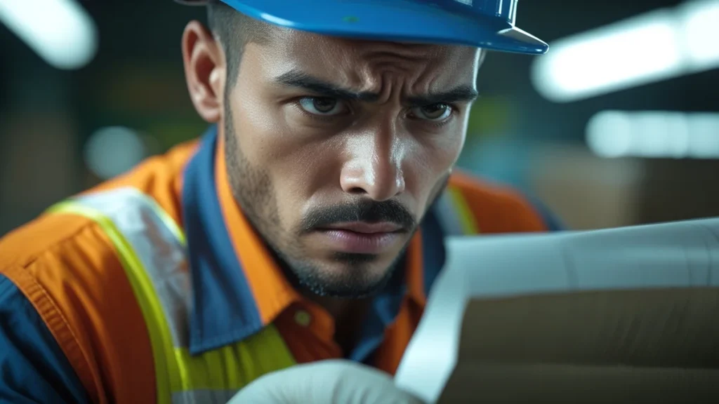 Close-up de um trabalhador segurando seu contracheque com expressão de dúvida, com o uniforme da empresa visível.