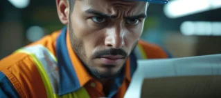 Close-up de um trabalhador segurando seu contracheque com expressão de dúvida, com o uniforme da empresa visível.