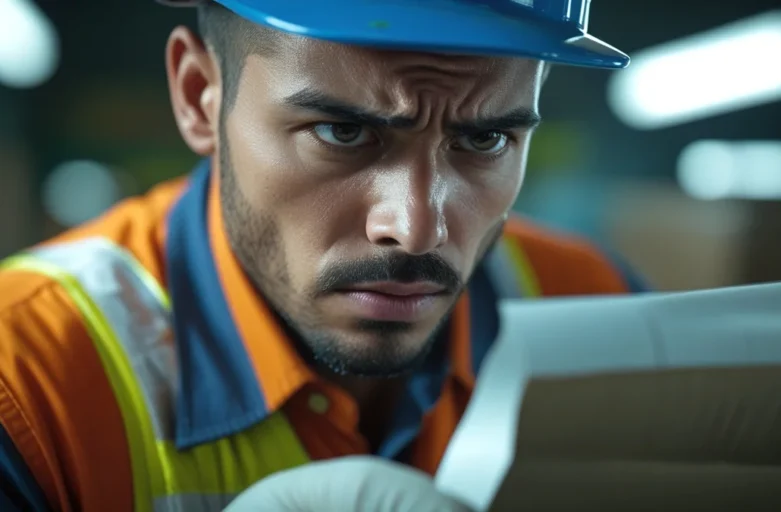 Close-up de um trabalhador segurando seu contracheque com expressão de dúvida, com o uniforme da empresa visível.