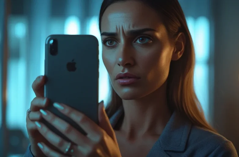 Pessoa com expressão preocupada analisando prints de mensagens e documentos para provar falsa acusação.