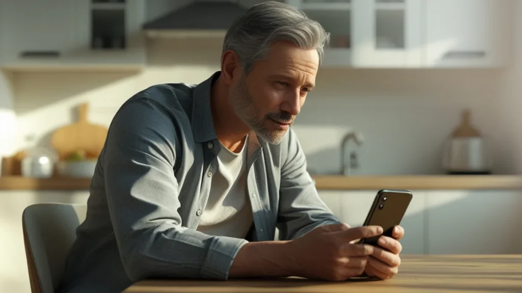 Pessoa visualizando comprovante de Pix no celular com expressão de preocupação em escritório em São Paulo.