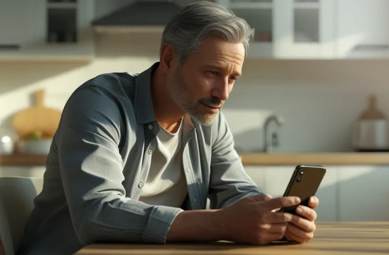 Pessoa visualizando comprovante de Pix no celular com expressão de preocupação em escritório em São Paulo.