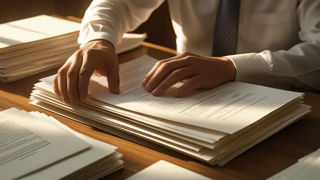 Pessoa organizada documentos sobre uma mesa de madeira, representando o início do processo de inventário.
