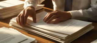 Pessoa organizada documentos sobre uma mesa de madeira, representando o início do processo de inventário.