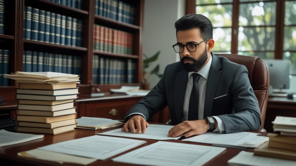 Advogado em escritório em São Paulo analisando documentos bancários e extratos para defesa de desbloqueio de conta.