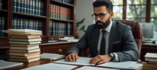 Advogado em escritório em São Paulo analisando documentos bancários e extratos para defesa de desbloqueio de conta.