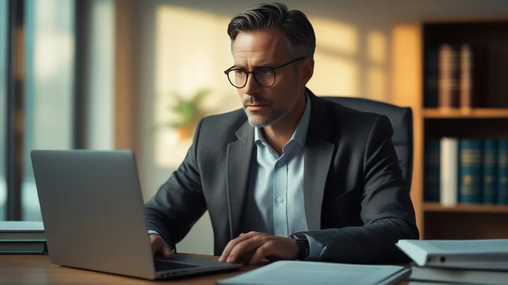 Advogado em São Paulo analisando provas de golpe em transação digital no notebook para cliente.