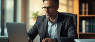 Advogado em São Paulo analisando provas de golpe em transação digital no notebook para cliente.