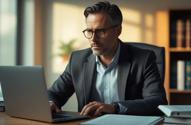 Advogado em São Paulo analisando provas de golpe em transação digital no notebook para cliente.