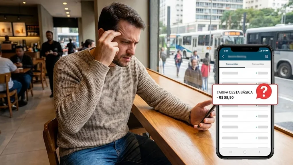 Homem analisando extrato bancário no celular com expressão de dúvida, representando cobrança de tarifa indevida.