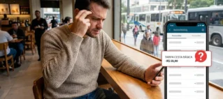 Homem analisando extrato bancário no celular com expressão de dúvida, representando cobrança de tarifa indevida.