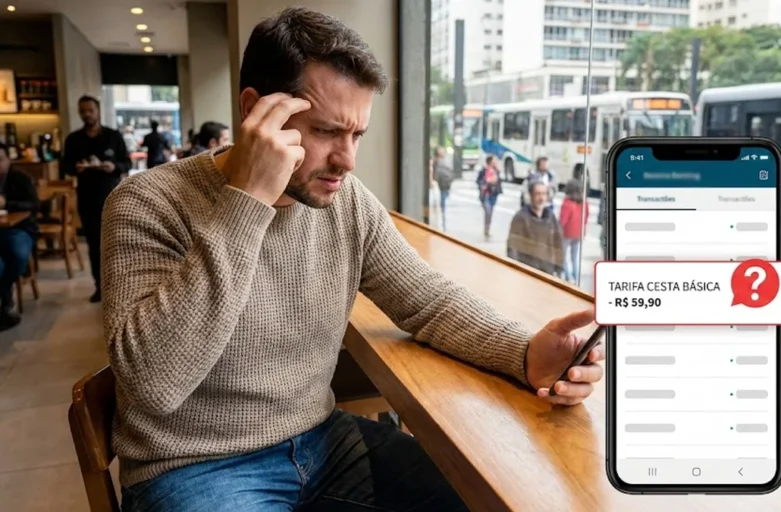 O que fazer quando o banco cobra tarifa indevida? Homem analisando extrato bancário no celular com expressão de dúvida, representando cobrança de tarifa indevida.