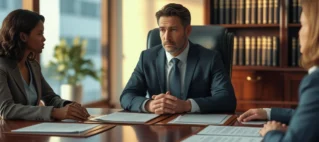 Advogado orientando família em uma mesa de mediação para fechamento de acordo amigável e ético.