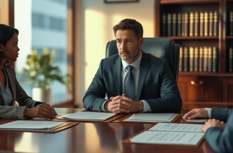 Advogado orientando família em uma mesa de mediação para fechamento de acordo amigável e ético.