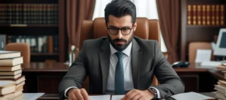 Advogado em escritório analisando documentos para processo de exoneração de alimentos de forma ética.