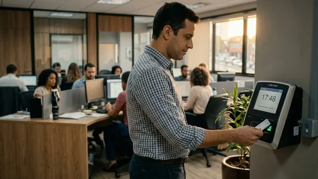 Trabalhador consultando relógio de ponto eletrônico em escritório, representando o controle de banco de horas.
