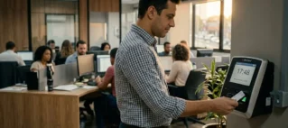 Trabalhador consultando relógio de ponto eletrônico em escritório, representando o controle de banco de horas.