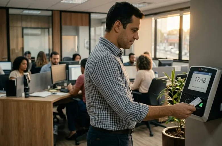 Trabalhador consultando relógio de ponto eletrônico em escritório, representando o controle de banco de horas.