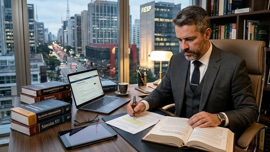 Advogado em São Paulo analisando jurisprudência sobre fixação de valor de indenização por danos morais.