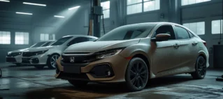 Interior de uma oficina mecânica com um veículo coberto por poeira, ilustrando o problema de abandono de carro pelo cliente.