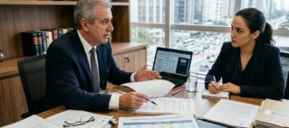 Advogado em reunião explicando processo de execução de pensão alimentícia atrasada com documentos sobre a mesa.