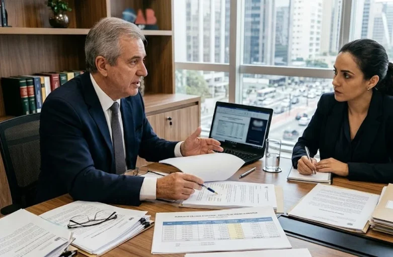 Pensão Alimentícia Atrasada: Guia Completo sobre Como Cobrar Seus Direitos Advogado em reunião explicando processo de execução de pensão alimentícia atrasada com documentos sobre a mesa.