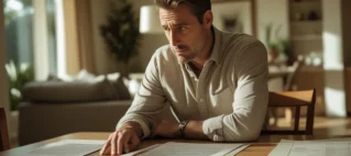 Morador analisando boleto de condomínio com taxas extras em frente a um prédio em São Paulo.