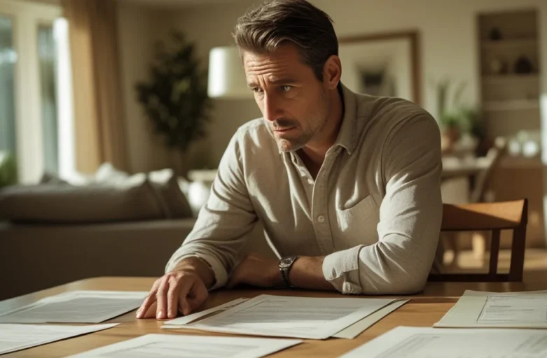 Morador analisando boleto de condomínio com taxas extras em frente a um prédio em São Paulo.