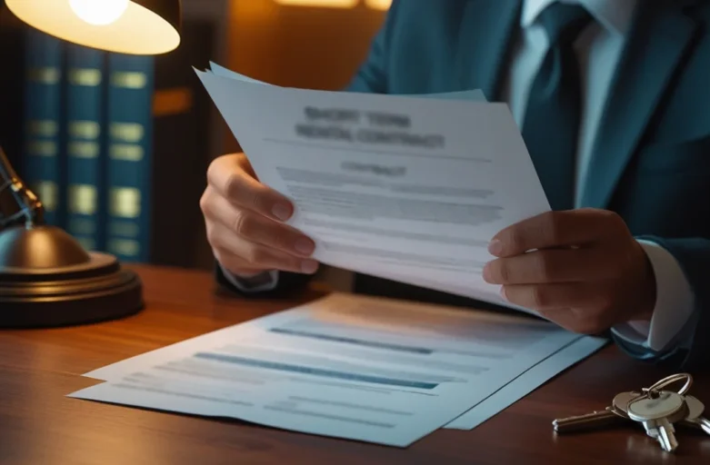 Advogado revisando contrato de locação por temporada sobre uma mesa com chaves de imóvel em São Paulo.