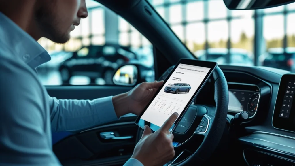 Consumidor analisando painel de carro zero e comparando com anúncio em tablet dentro de uma concessionária.