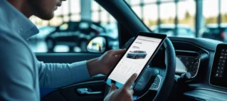 Consumidor analisando painel de carro zero e comparando com anúncio em tablet dentro de uma concessionária.