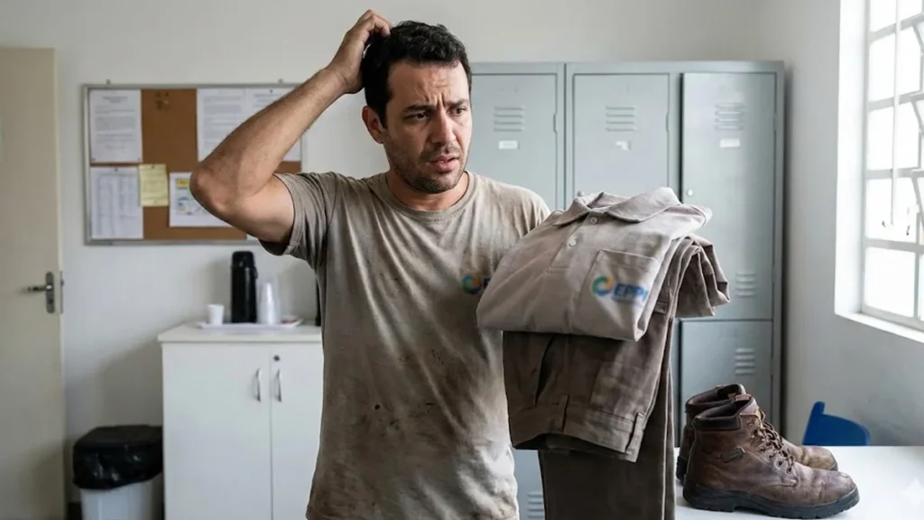 Homem segurando uniforme de trabalho com expressão de dúvida sobre a obrigatoriedade de pagamento, representando direitos trabalhistas.